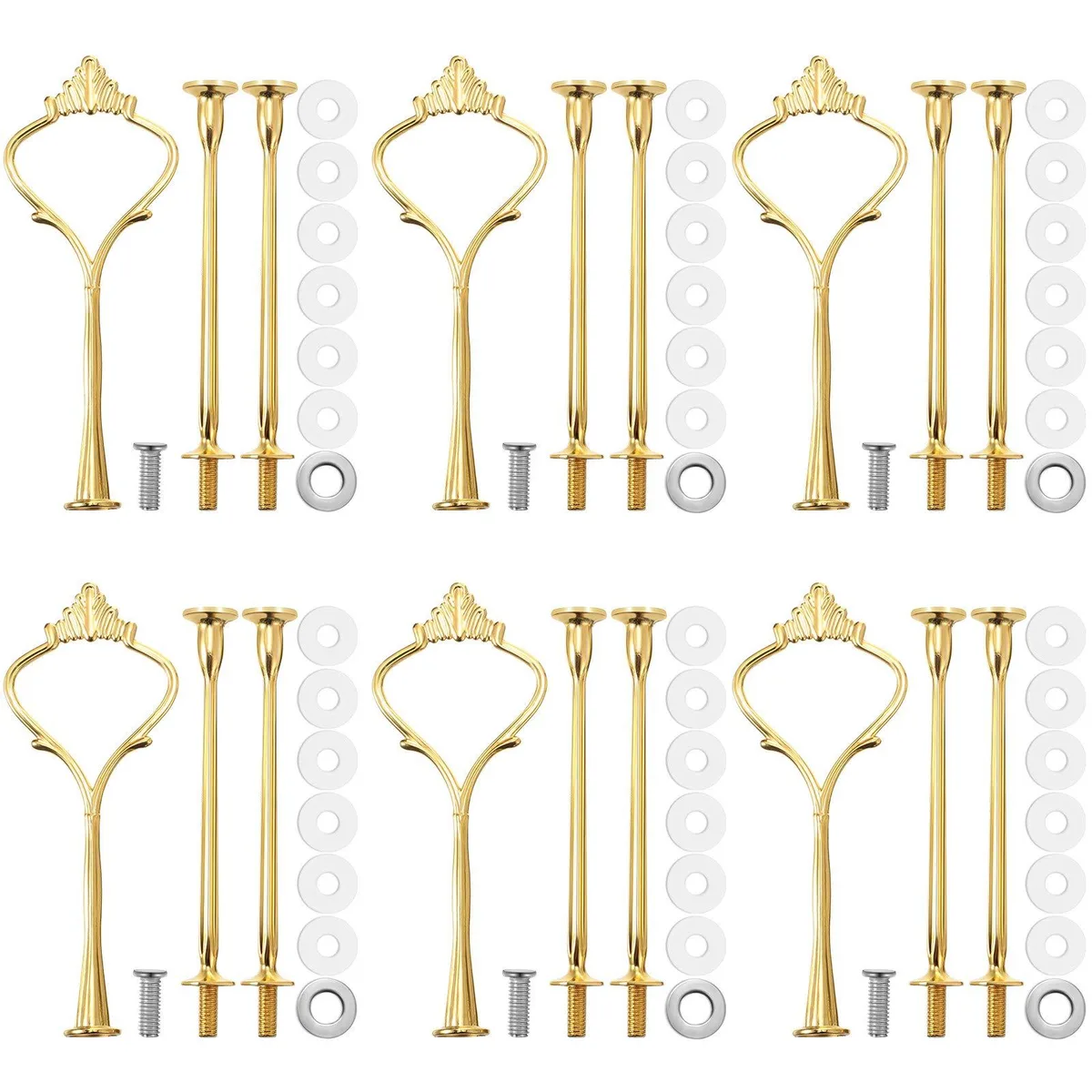 Six sets of gold metal cake stand hardware fittings for tiered trays