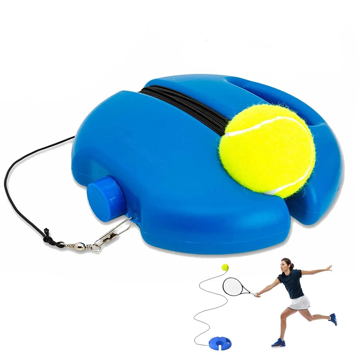 Yellow tennis rebound ball on elastic string with weighted PE base and carry handle