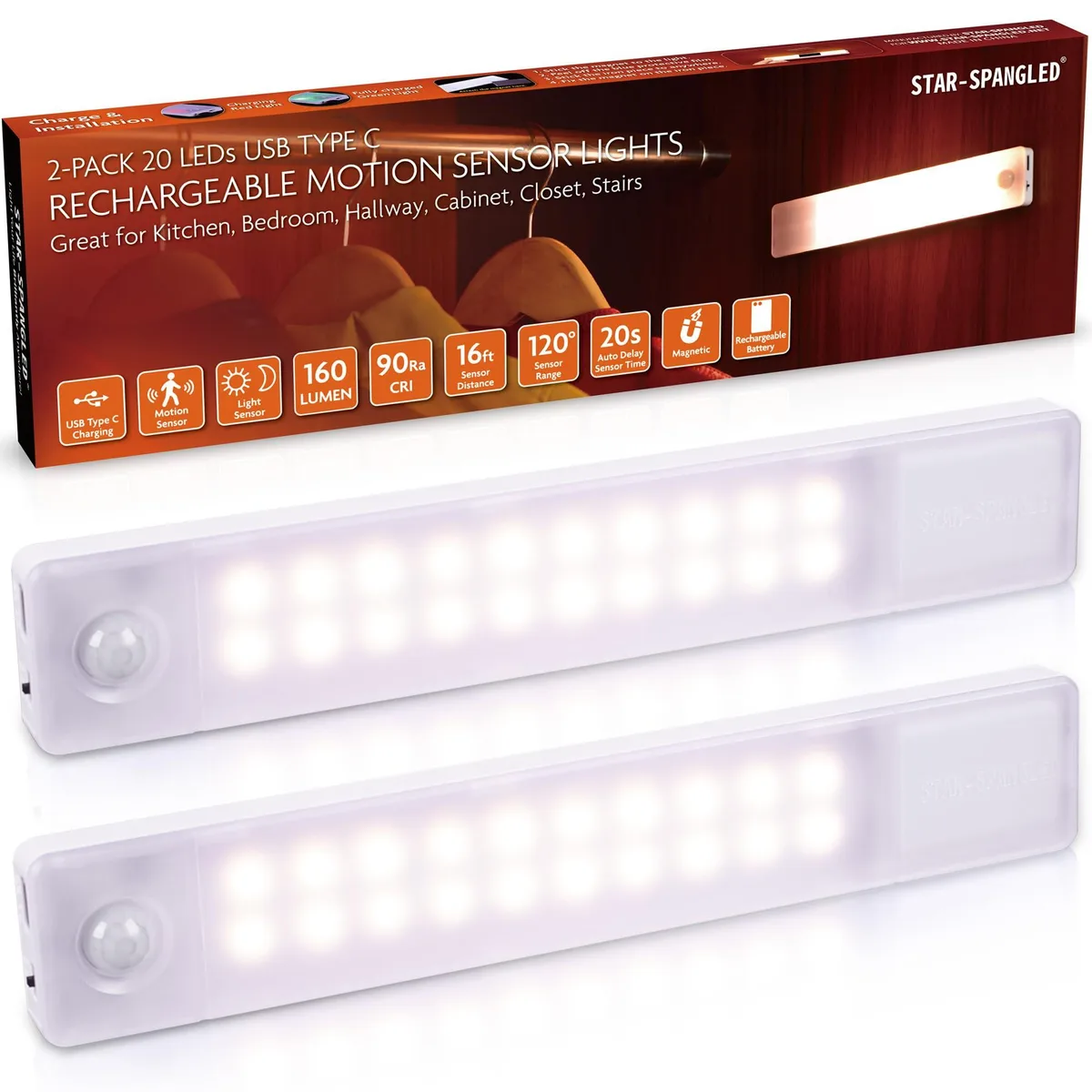 Two white 8 inch rechargeable LED light bars with magnetic backs
