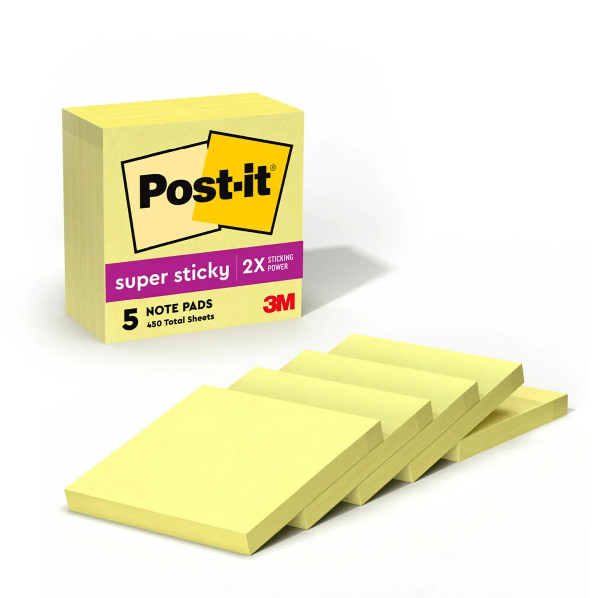 Five square canary-yellow sticky-note pads in a paperboard carton