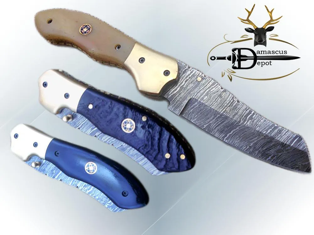 Damascus Depot Damascus Depot 8" Folding Knife 3.5" Blade Camel Bone Handle — product photo