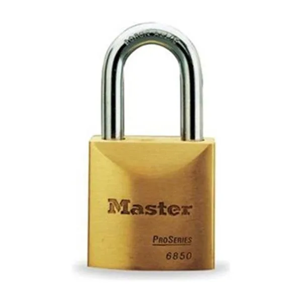 Brass rectangular padlock with long shackle and keyway visible