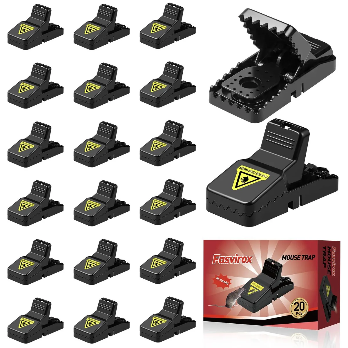Twenty plastic snap mouse traps, light grey with dark grey pressure plates and removable bait cups