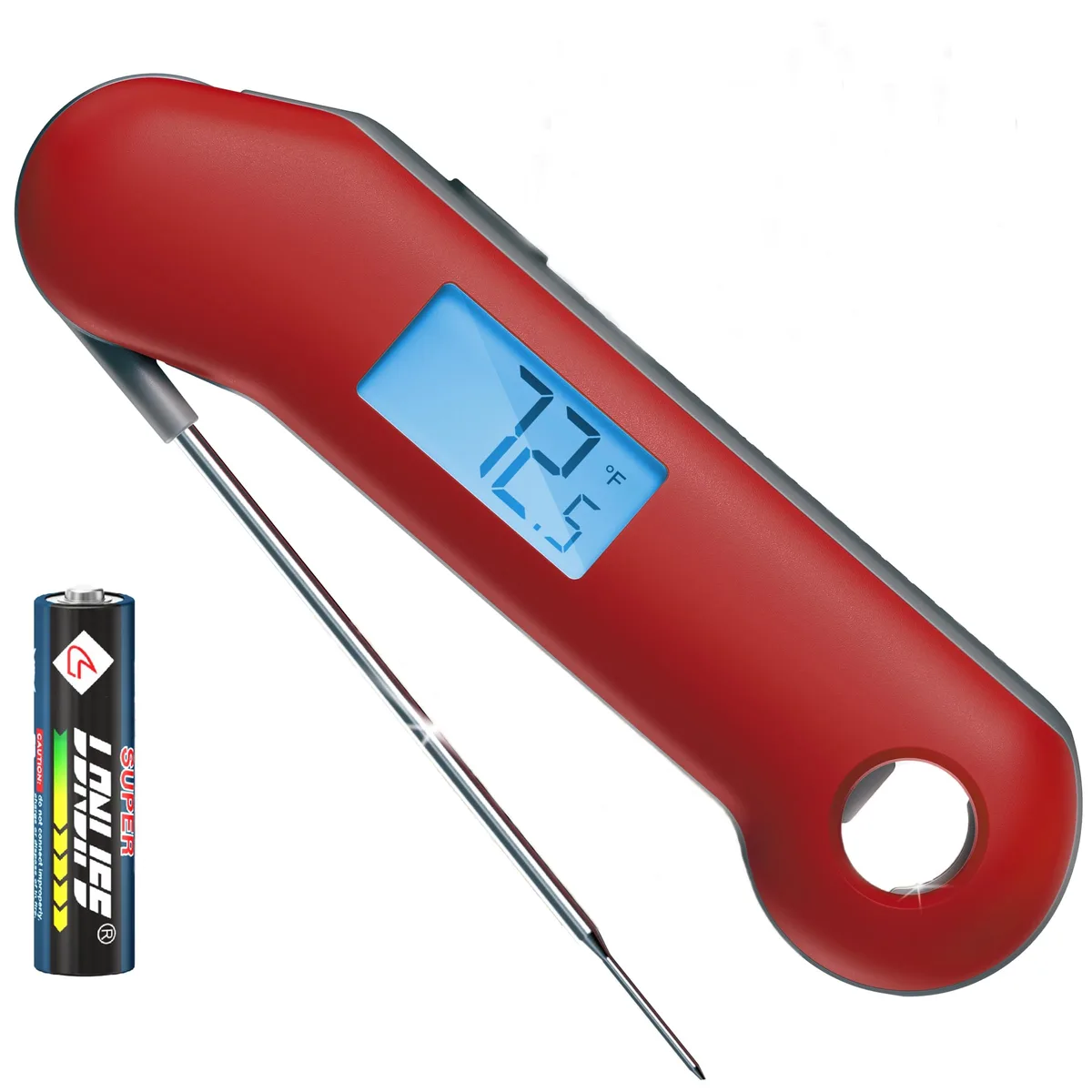 Dark red and grey digital meat thermometer with fold-out probe