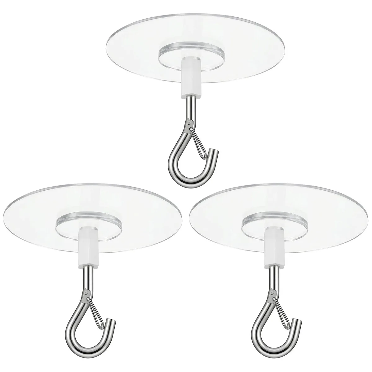Three transparent round adhesive ceiling hooks with metal safety clasps, 6.5cm diameter, 1.96cm deep