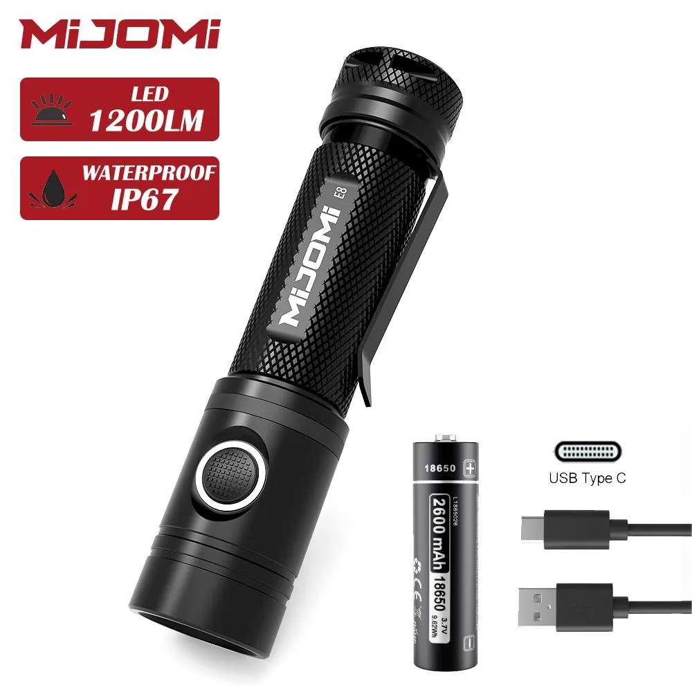 Black cylindrical flashlight with Type-C port and textured grip