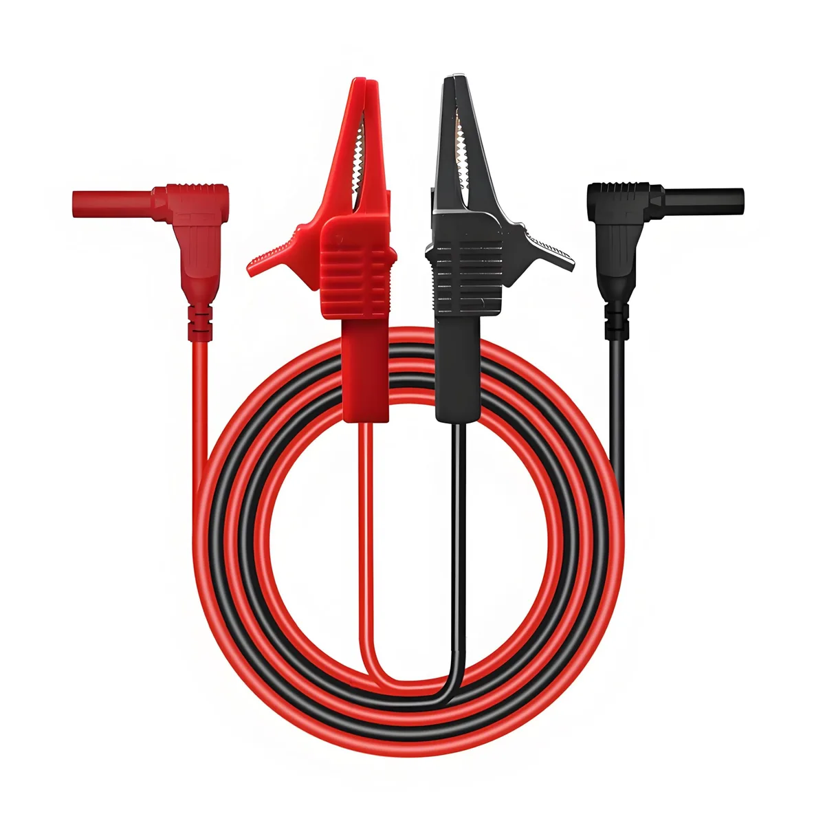 Pair of large red and black alligator clips on 3.3 ft double-insulated leads with right-angle banana plugs