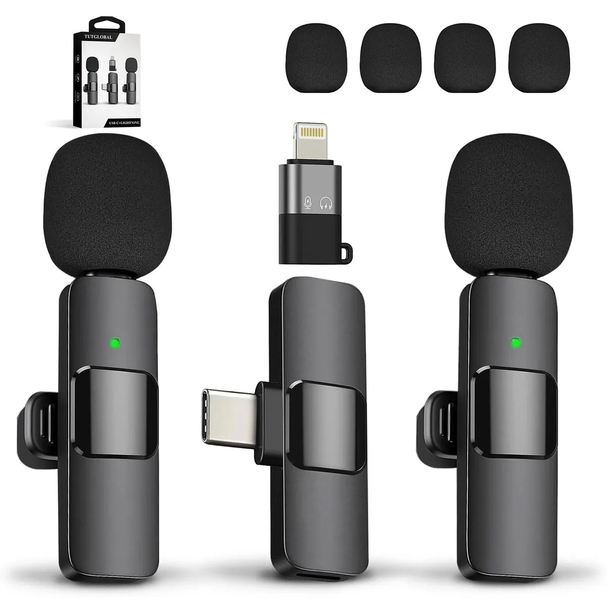 Two small clip-on wireless microphones and a compact receiver in matte black finish