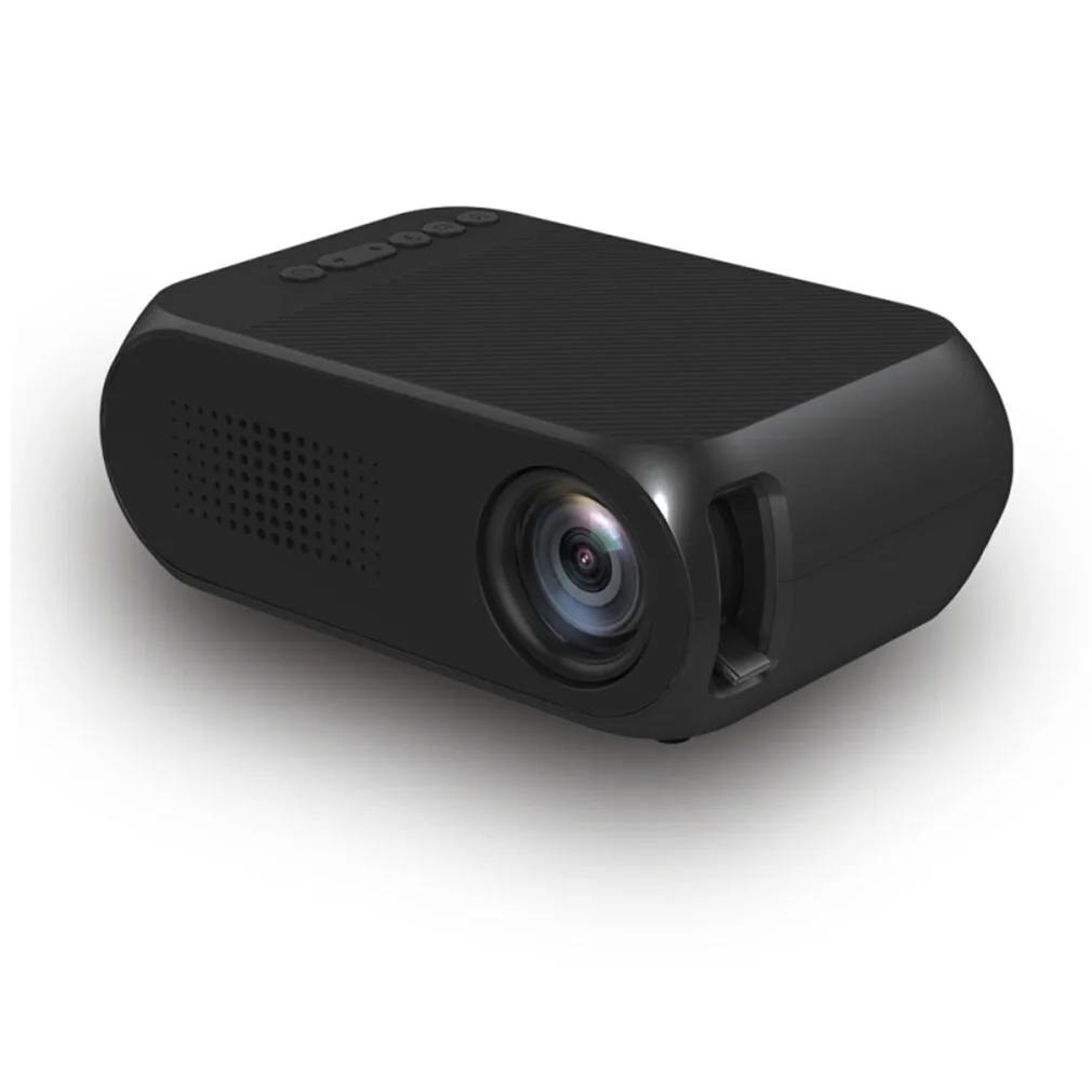 Compact black rectangular mini projector with manual focus lens and built-in controls