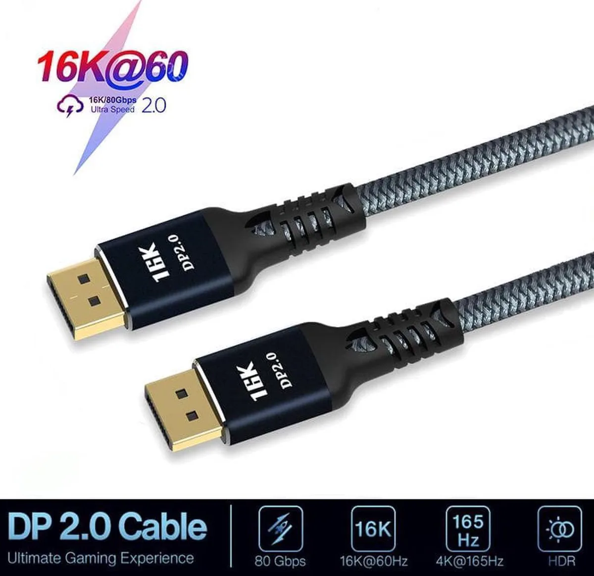 Aomoproing Aomoproing DisplayPort 2.0 cable 6.6 ft 16K 60Hz 8K 60Hz 4K 165Hz 80Gbps — product photo