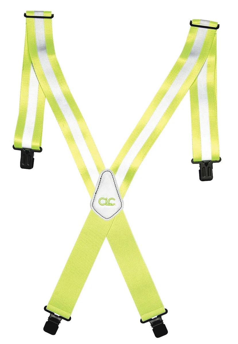 Yellow lime polyester tool suspenders with elastic rear strap and heavy duty clips