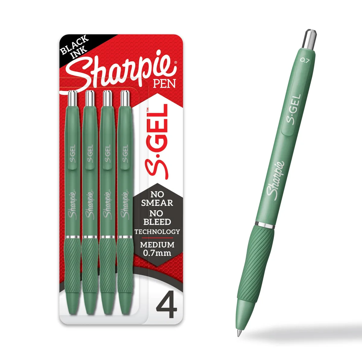  Sharpie S-Gel 2195731 gel pens, green barrel, black ink, medium point 0.7mm, 4 count — product photo