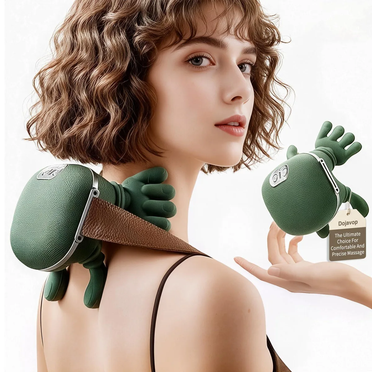 Blue wrap-around neck massager with flexible arms, fabric cover and ABS shell