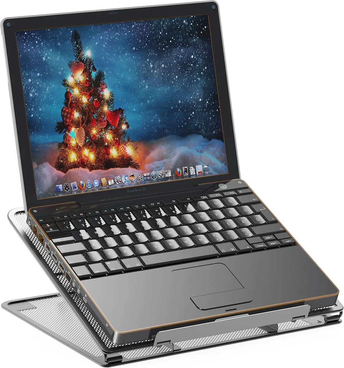Black steel mesh laptop stand with 11 adjustable tilt angles, folds flat