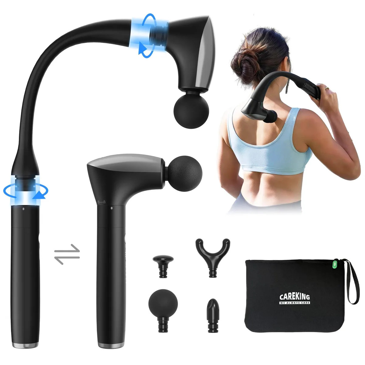 Black percussion massage gun with 20-inch detachable swan-neck extension handle
