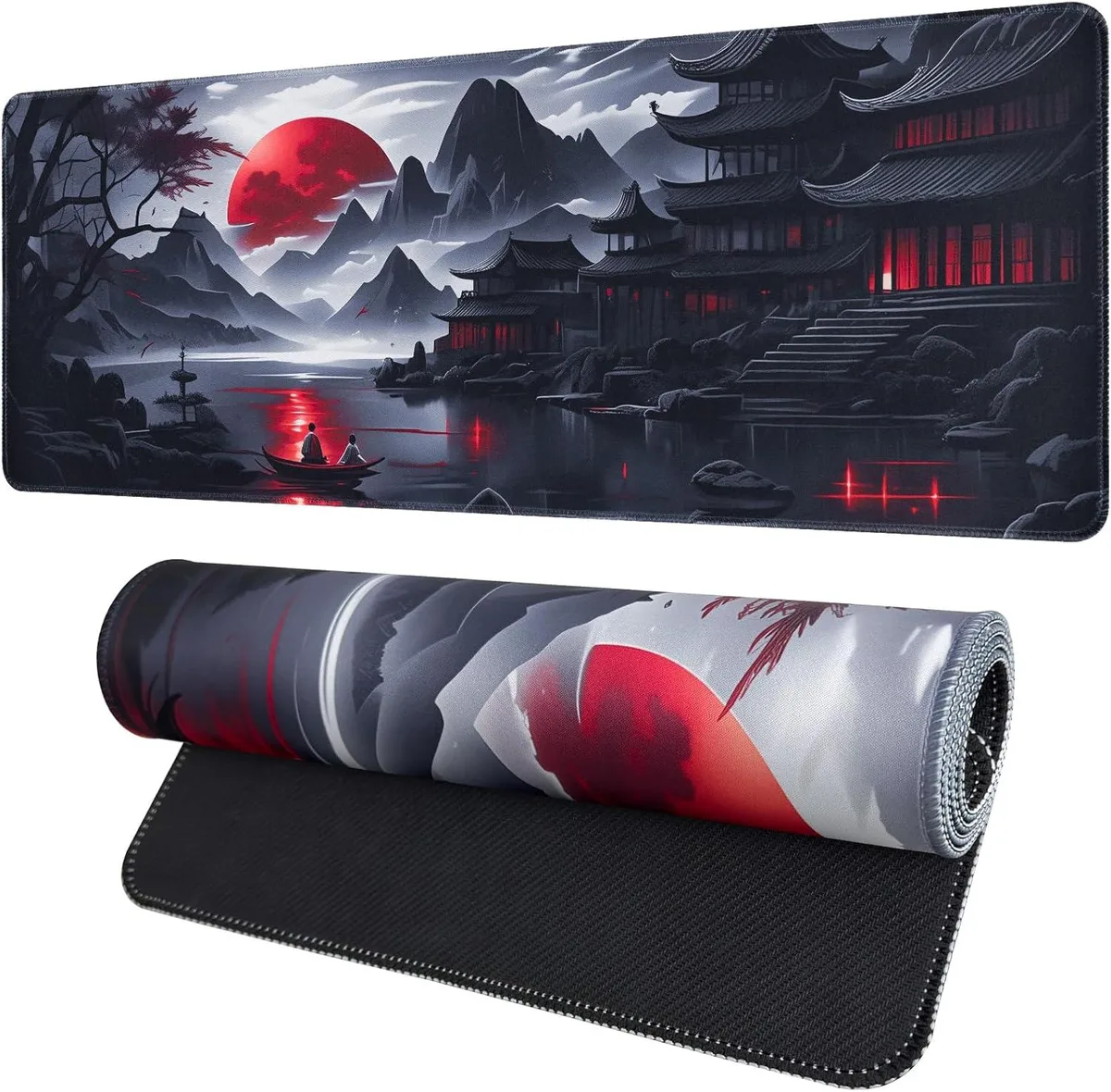 BAOFENG BAOFENG Large Gaming Mouse Pad Anime Black Stitched Edges Japanese Red Moon XL 31.5 x 11.8 Inch — product photo