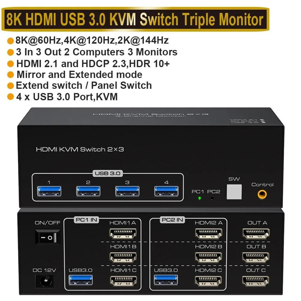 LUOM LUOM SW231-3HD 2×3 HDMI KVM Switch 8K 60Hz 4K 120Hz USB 3.0 — product photo