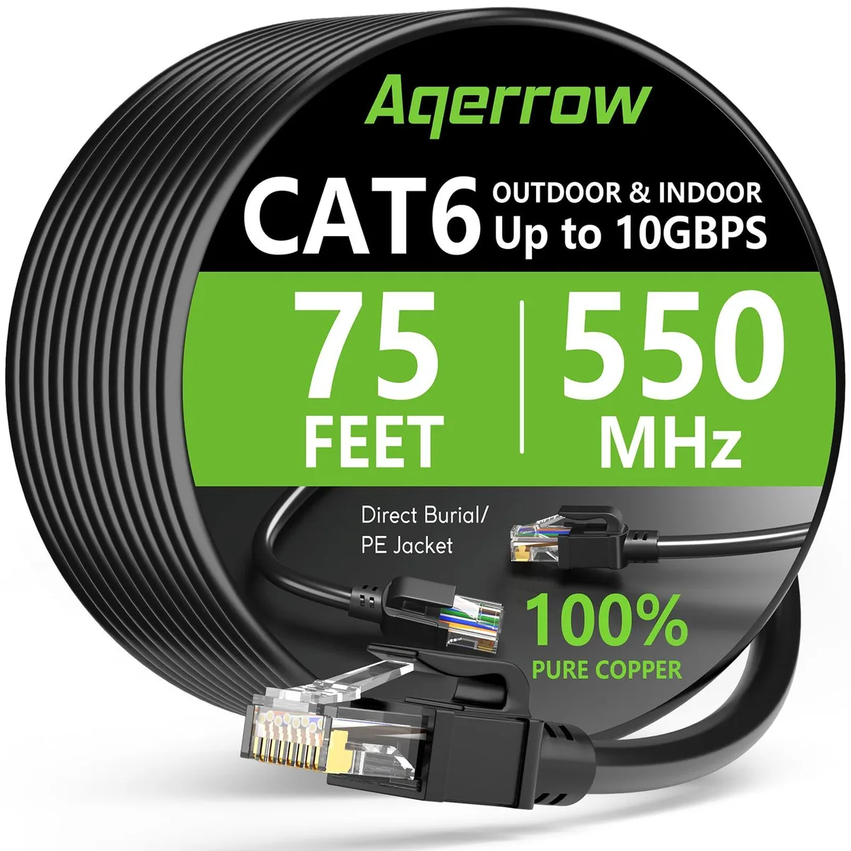 Aqerrow Cat6 Ethernet Cable 75ft 24AWG 550MHz Outdoor Direct Burial UV Resistant Waterproof Black — product photo