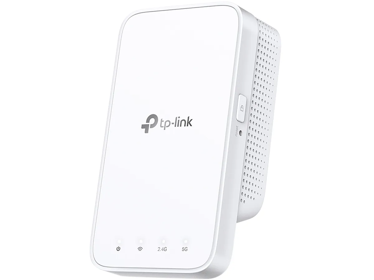 White rectangular plug-in Wi-Fi extender with two fold-out antennas and front indicator lights