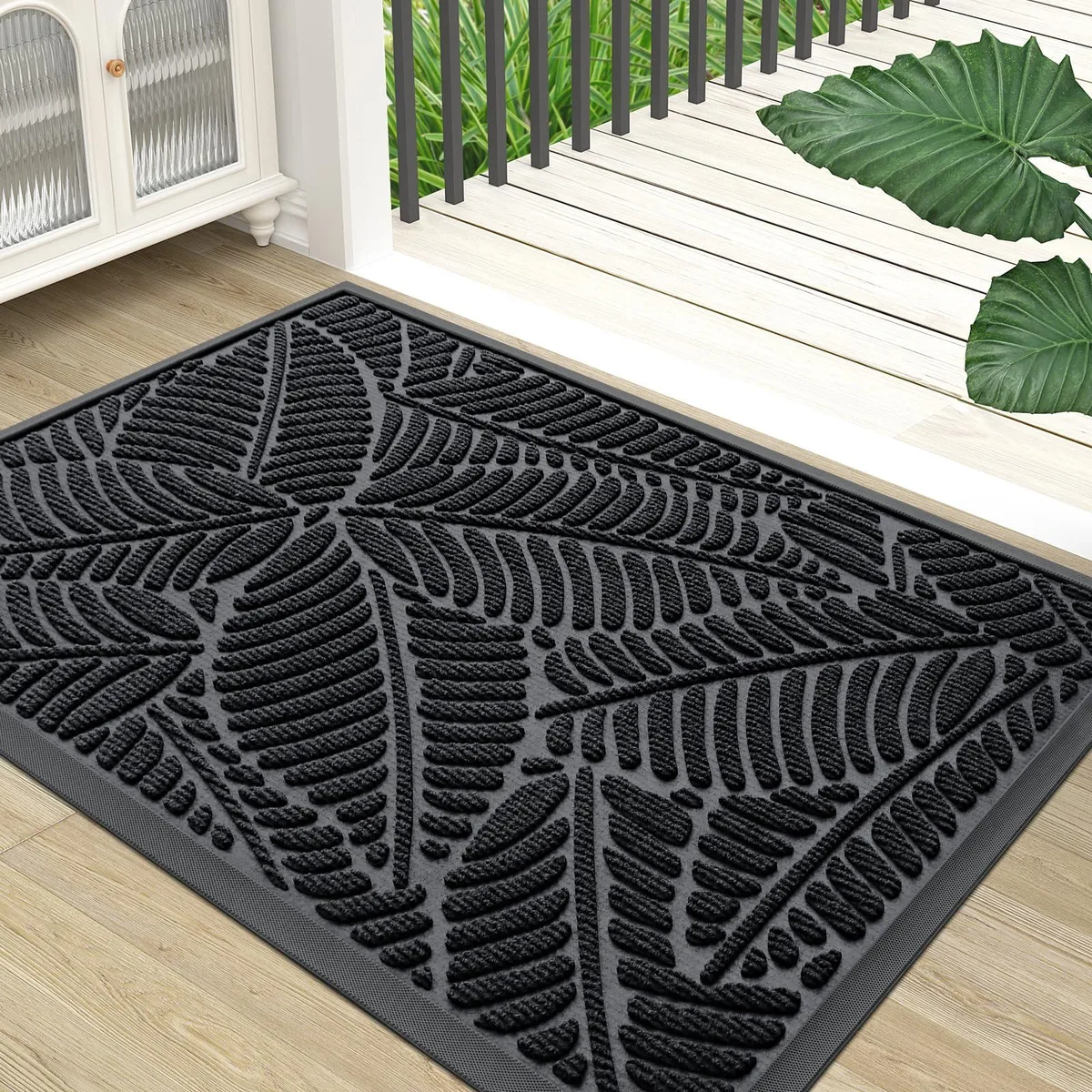Black striped bamboo door mat, 30 by 17 inches, low-profile rubber backing