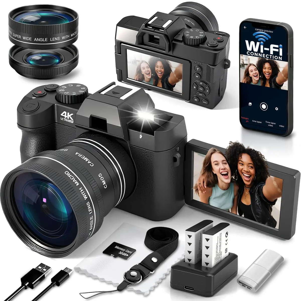 novzzovaz novzzovaz 4K Shoot Camera 48MP 5K 16X Zoom WiFi Flip Screen 3.0" 2x 1500mAh 32GB — product photo