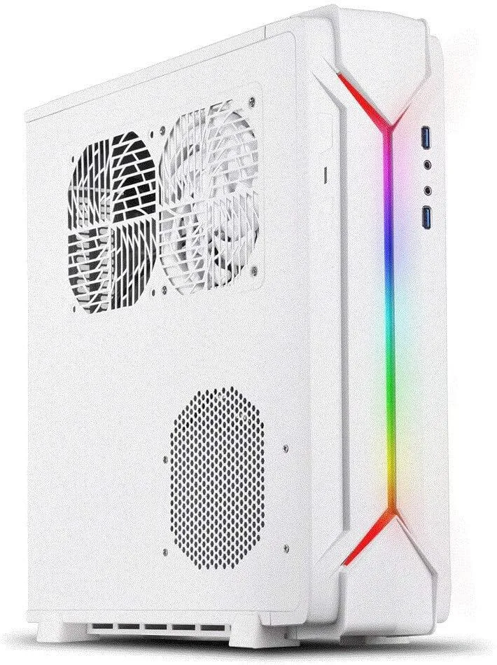 White Mini-ITX desktop case with ARGB front strip, horizontal or vertical orientation