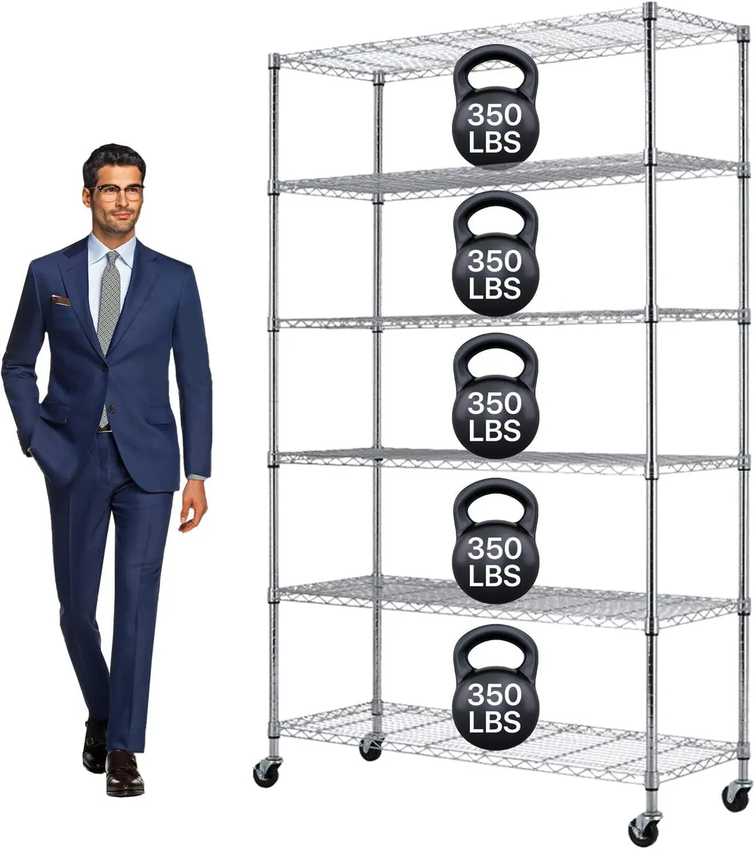 Six-tier chrome wire shelving unit on wheels