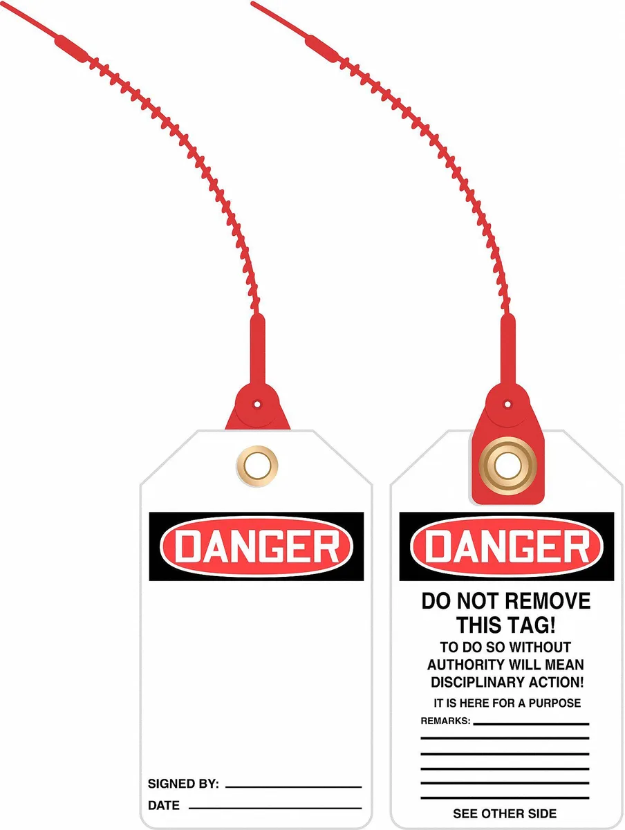 Rectangular plastic danger tag with Loop n Lock attachment, black and red header, pack of 10