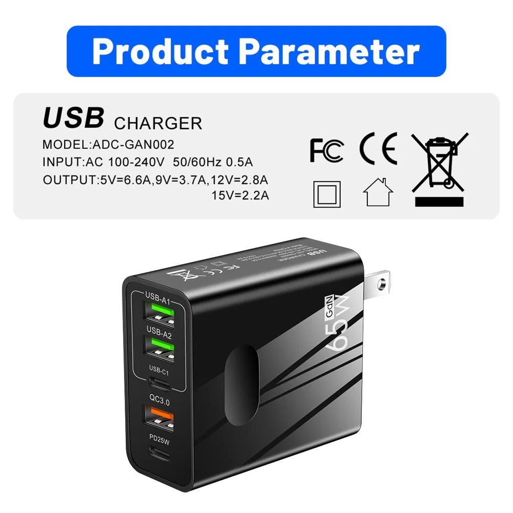 LUOM LUOM A502 65W PD 3.0 USB-C Wall Portable 5-Port Charger Black — product photo