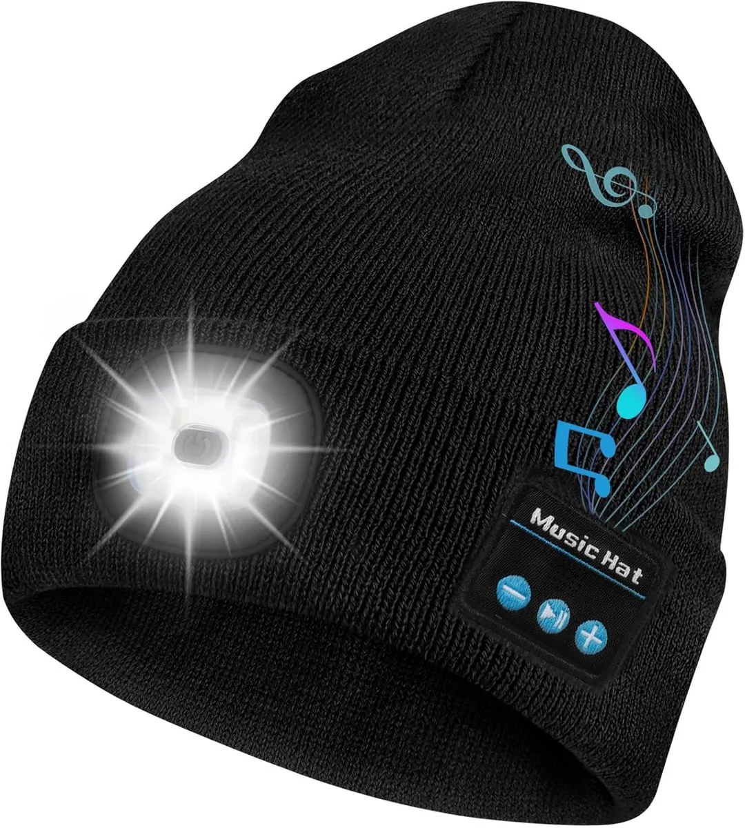Grey knitted beanie with removable LED light module and built-in headphones
