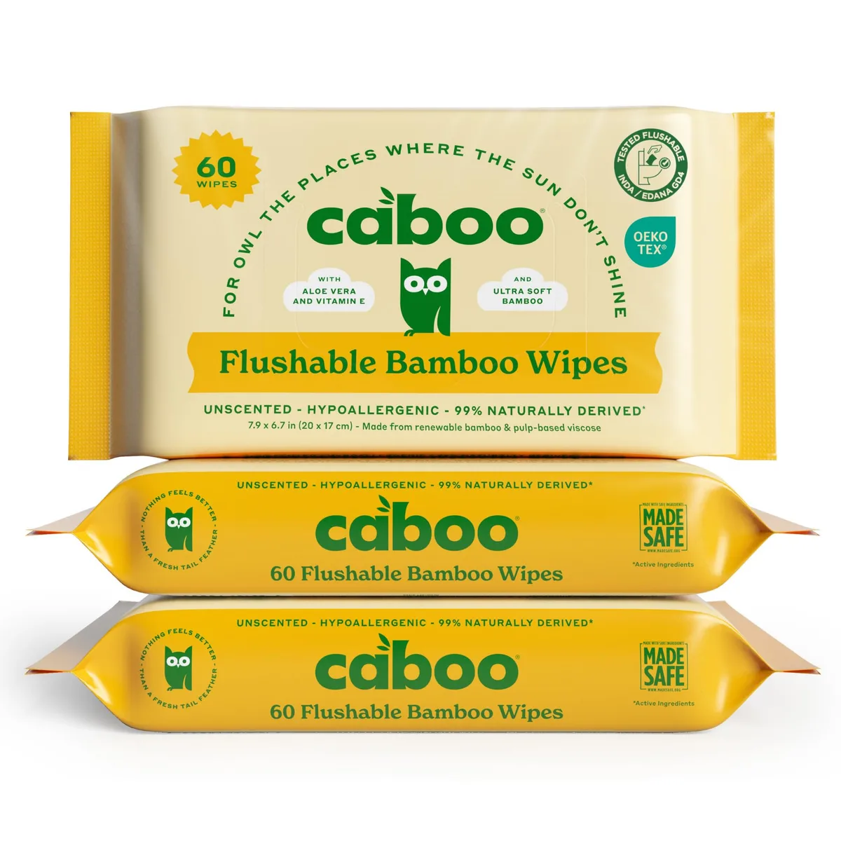 Three white packs of bamboo flushable wipes, rectangular, matte finish