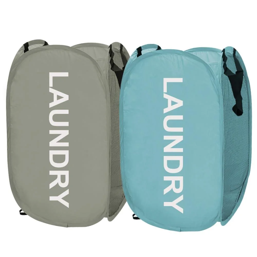 Two collapsible mesh laundry hampers, one grey one blue, with side pockets and printed text