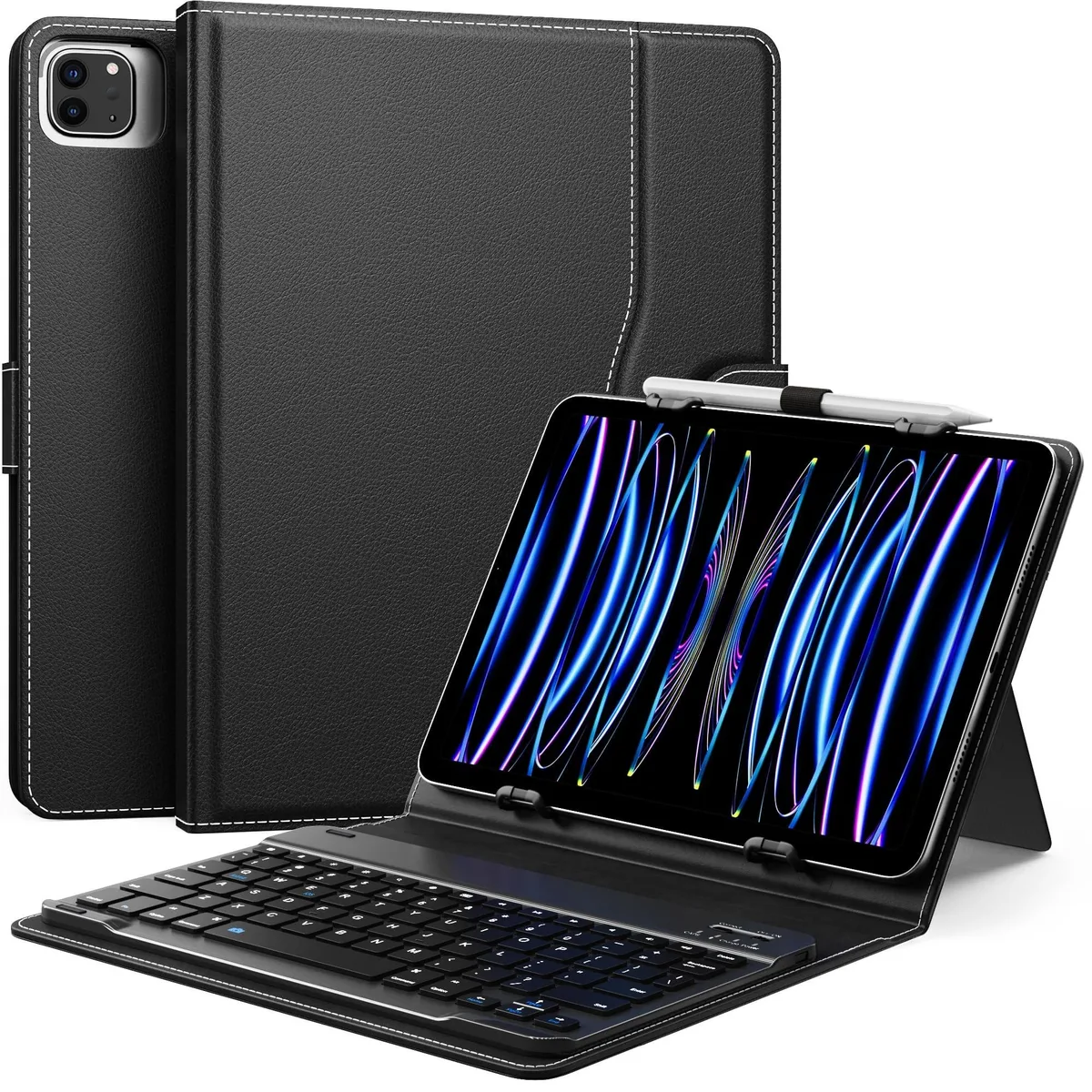 Dark PU leather tablet case with detachable QWERTY keyboard and pen loop