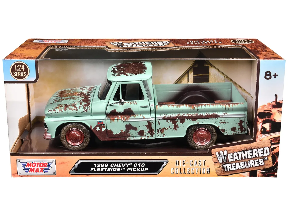 MOTORMAX MOTORMAX 1966 Chevrolet C10 Fleetside Pickup Light Green Rusted Weathered Treasures 1/24 Diecast Truck — product photo