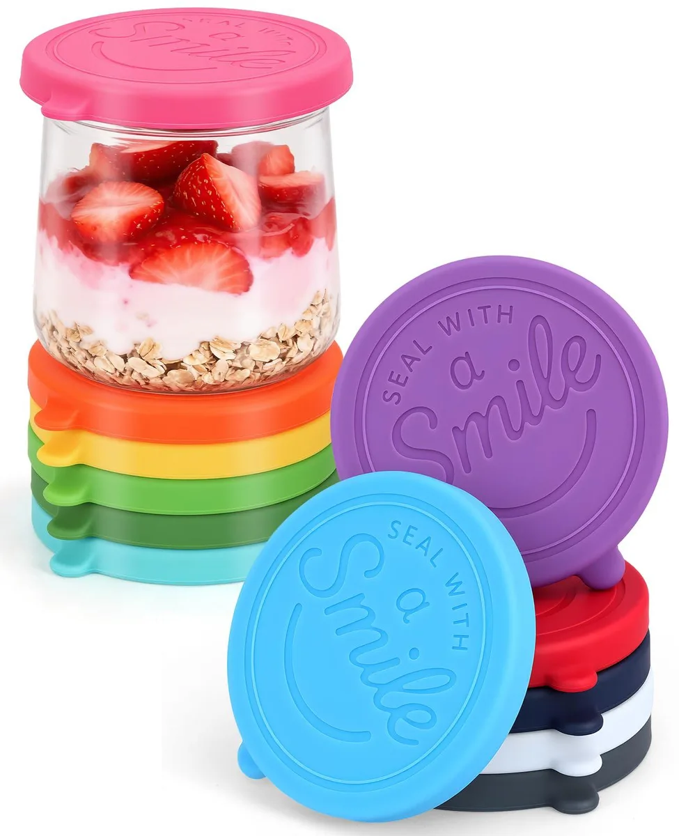 Twelve colourful silicone lids for small glass jars