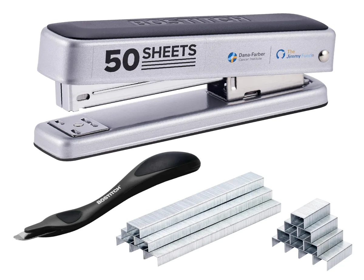 Silver metal desktop stapler with rubber base, opens 180 degrees