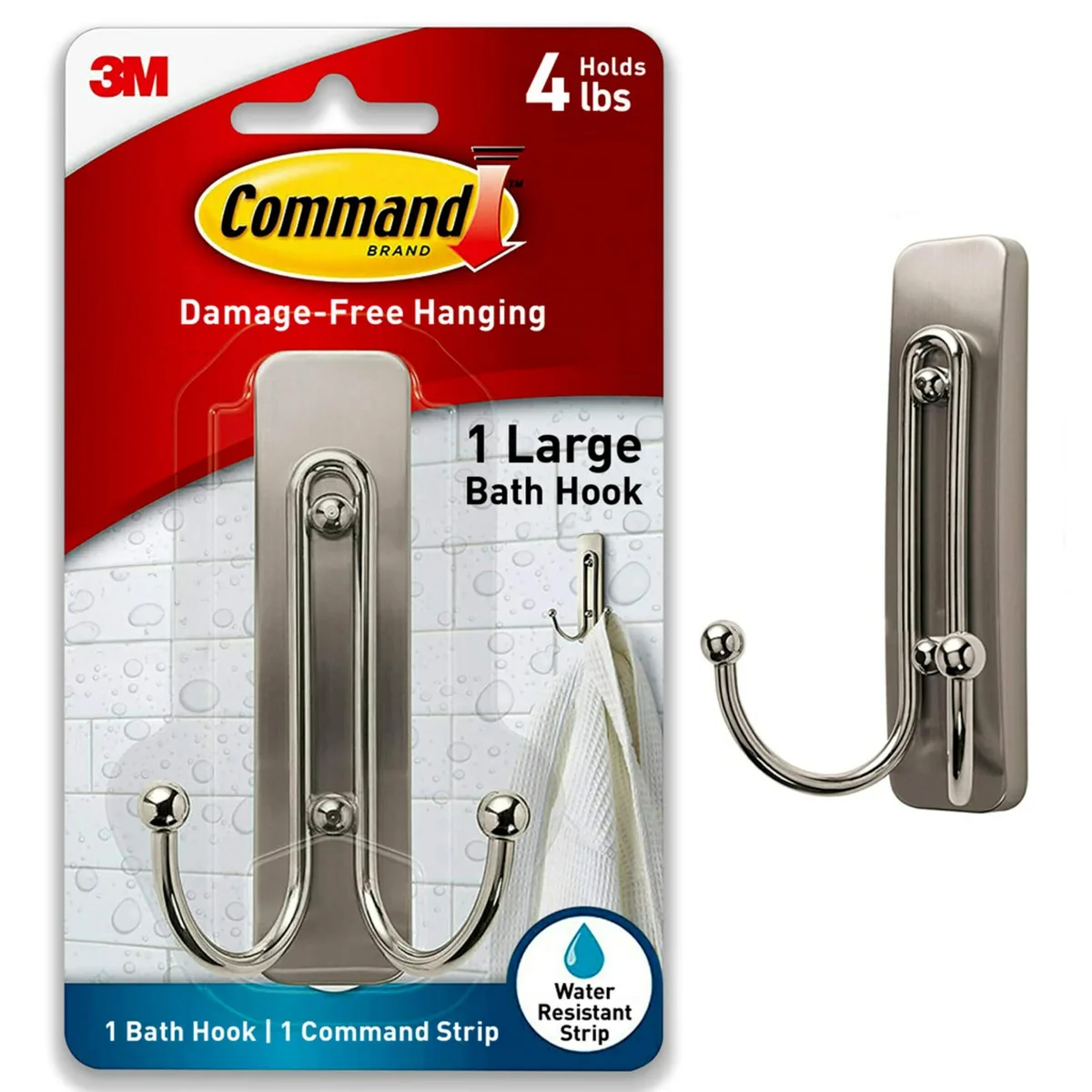Satin nickel double hook with adhesive strip, two curved arms, water-resistant for bathroom use