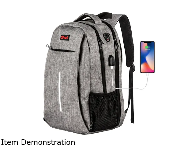 Grey 15.6 inch laptop backpack with waterproof zippers and USB charging port