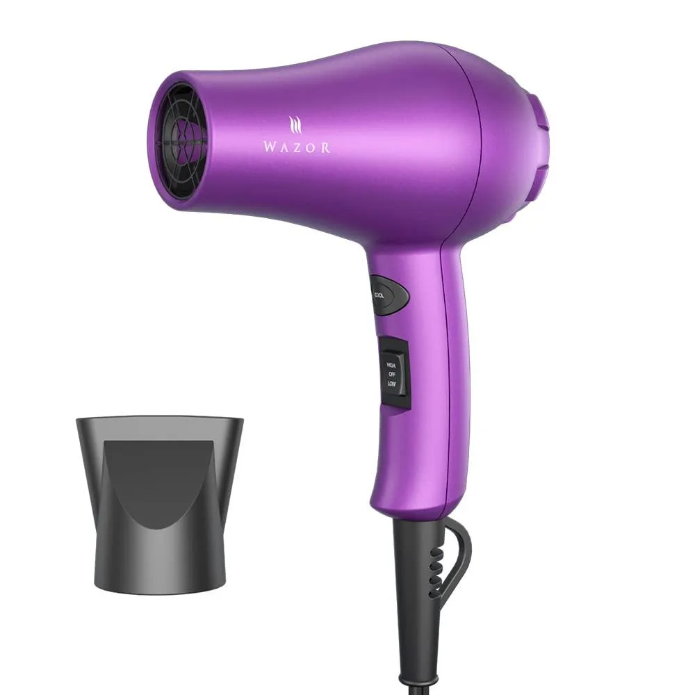 Purple compact hair dryer with concentrator nozzle and cool shot button