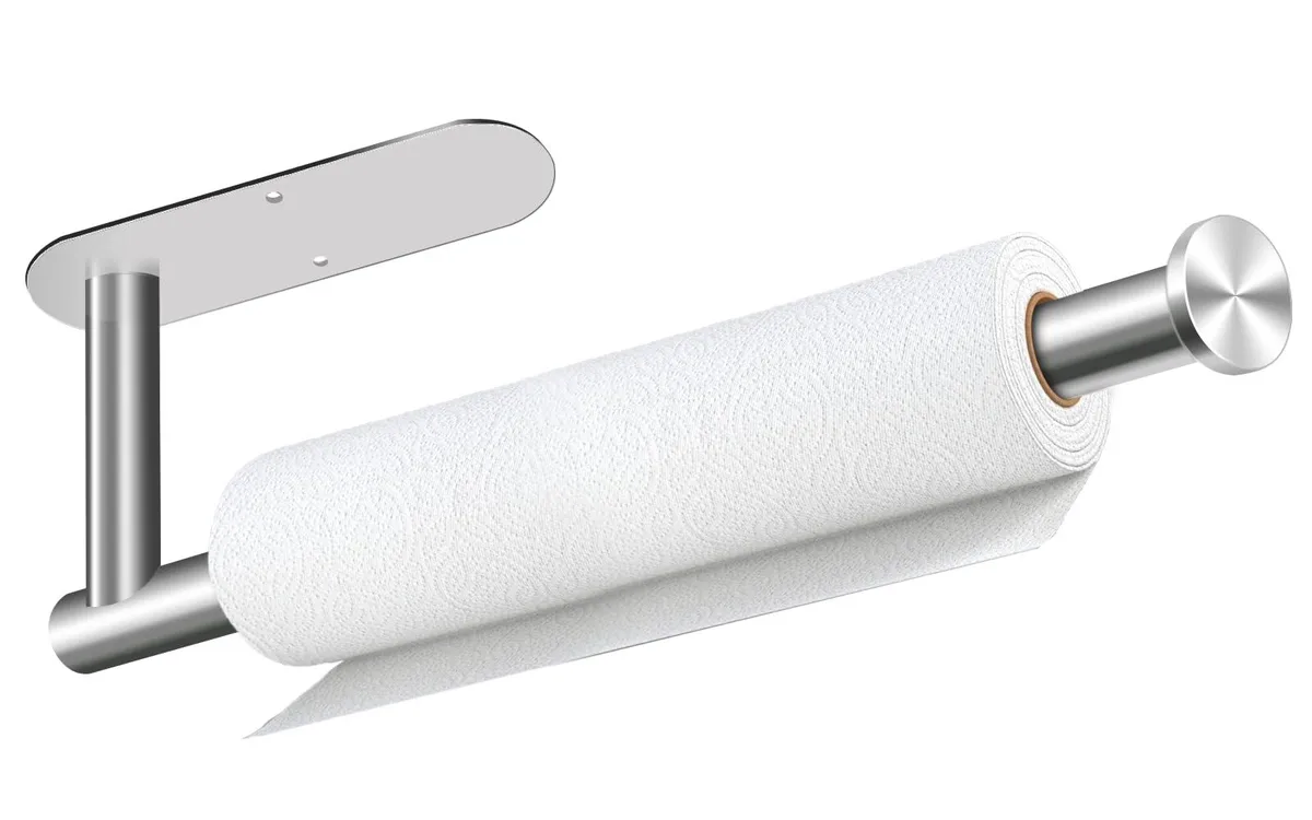 Stainless steel L-shaped paper towel holder for under-cabinet mounting