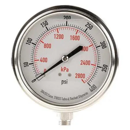Silver stainless steel liquid filled pressure gauge with white dial and bottom connection