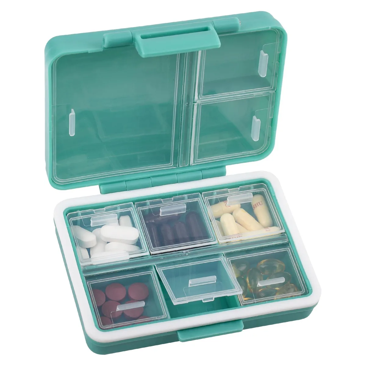 Navy green 9-compartment pill organiser with double lock and silicone seal