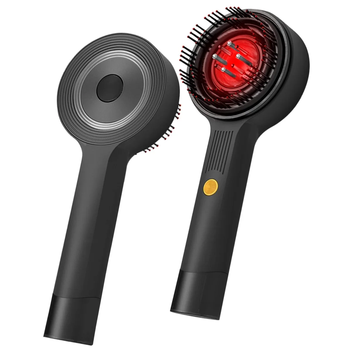 Black electric scalp massager with comb teeth, 8.6 by 3.3 by 1.9 inches