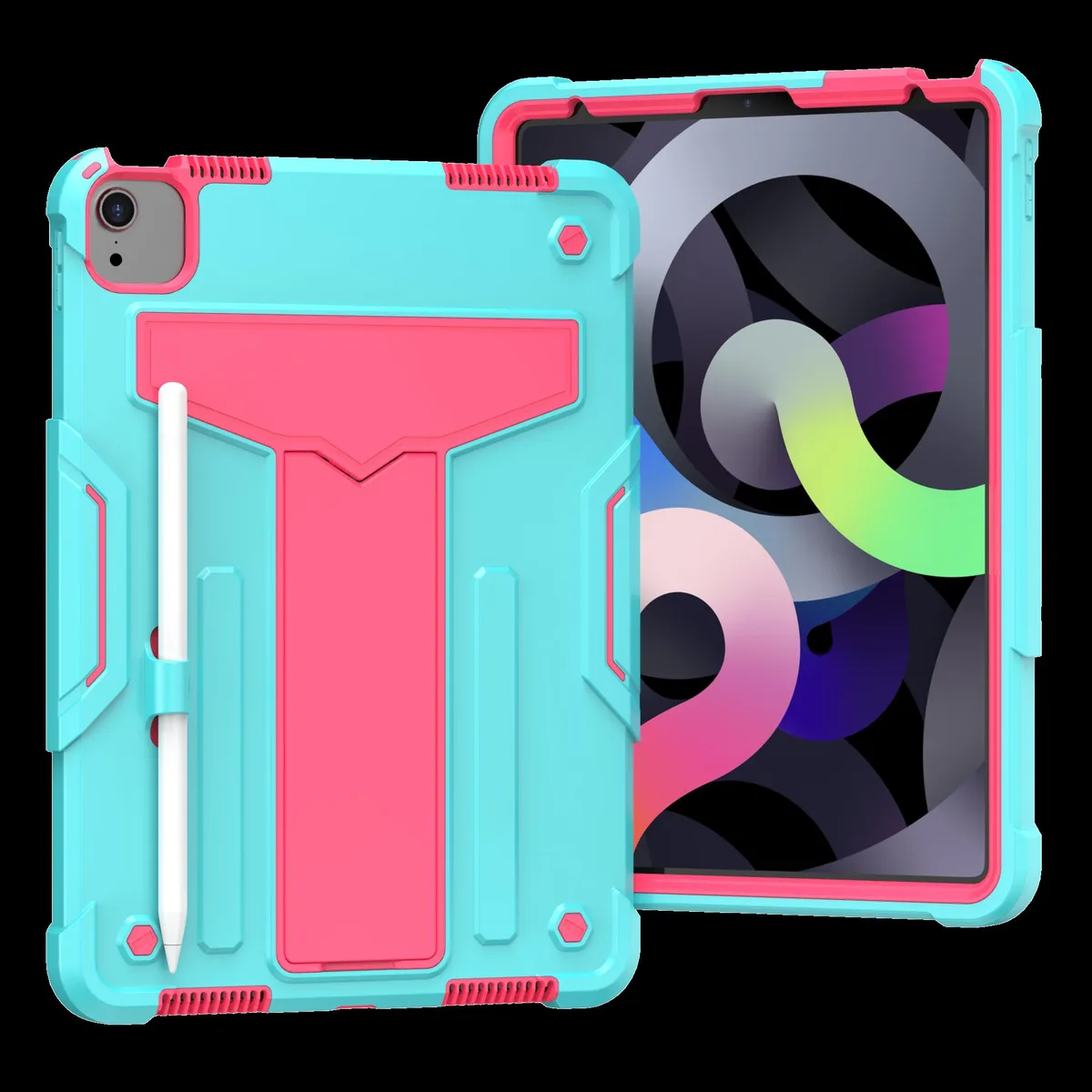 Teal and pink dual-layer iPad Air case with kickstand