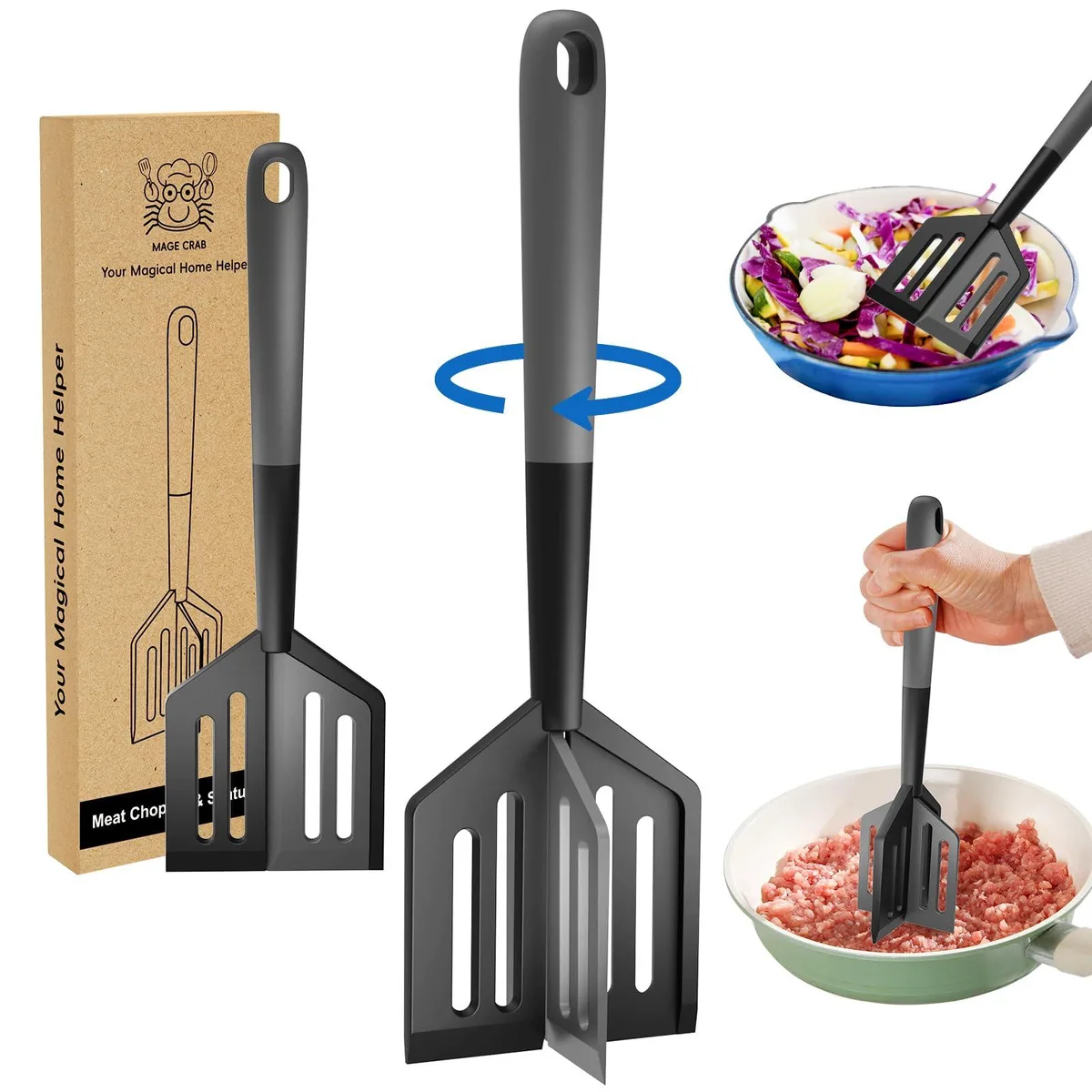 Black nylon and TPR 2-in-1 meat chopper with twist mechanism to switch between four blades and wide spatula