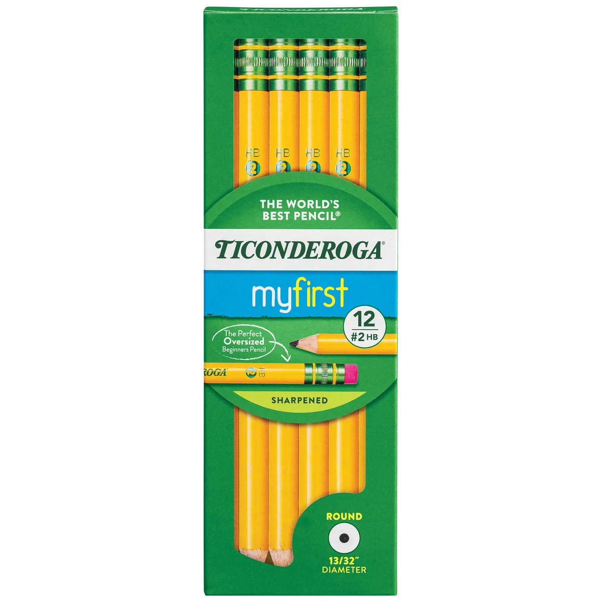 Yellow wooden pencils, oversized 13/32 inch diameter, pre-sharpened, 12 pack