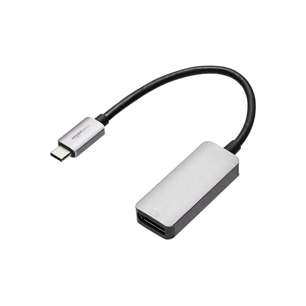 Grey aluminium USB-C to DisplayPort adapter with male USB-C and female DisplayPort connectors