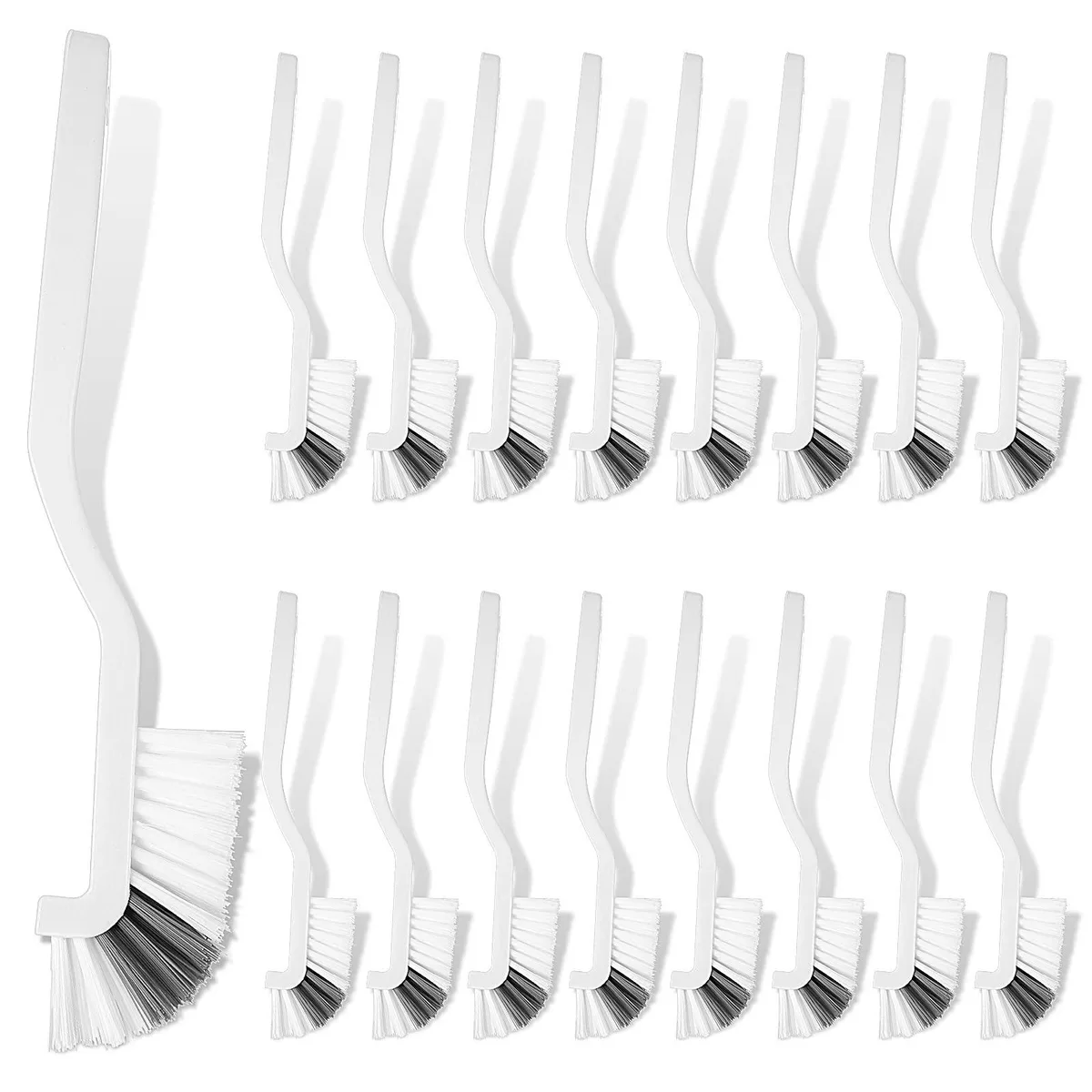 24 right-angle scrub brushes, stiff bristles, plastic handles, hanging holes