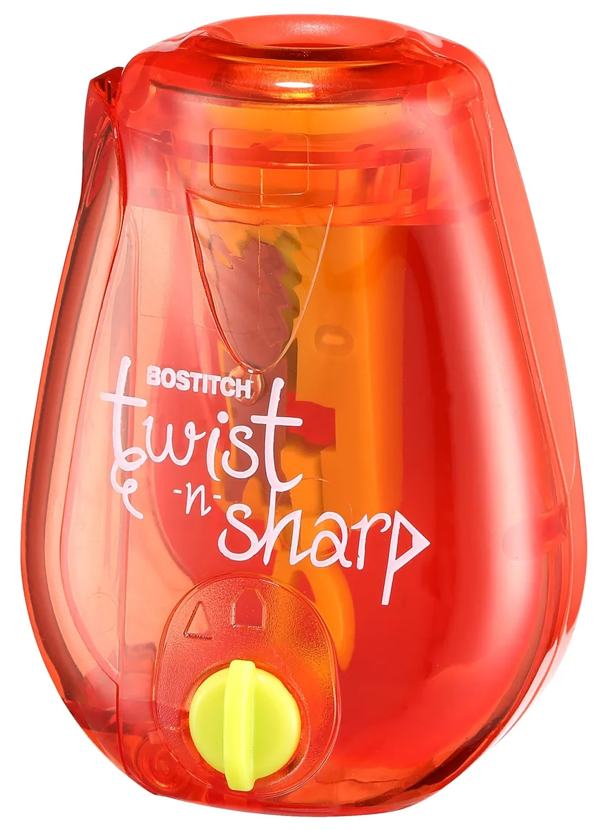 Red plastic manual pencil sharpener with shavings drawer and center dial