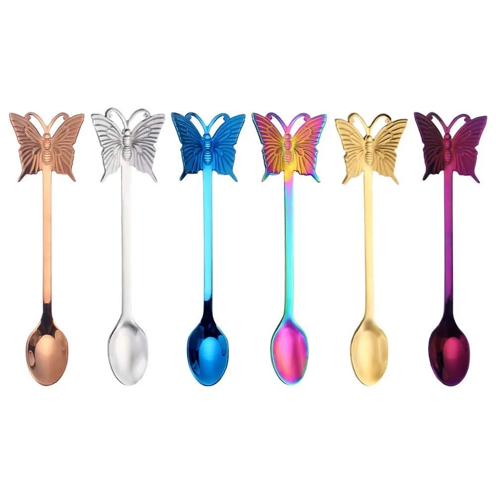 Six stainless steel coffee spoons with 3D butterfly handles in rainbow colours